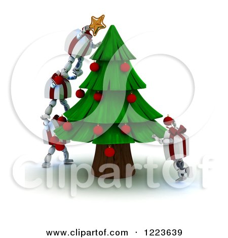 Clipart of 3d Gift Box Characters Decorating a Christmas Tree - Royalty Free Illustration by KJ Pargeter