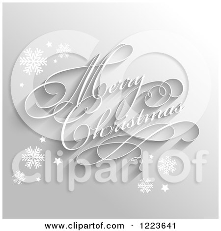Clipart of a 3d Merry Christmas Greeting with Snowflakes on Gray - Royalty Free Vector Illustration by KJ Pargeter