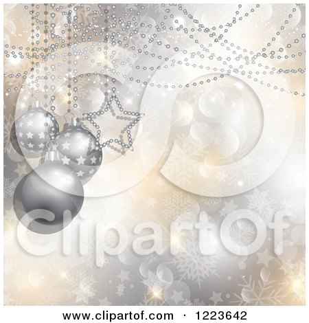 Clipart of 3d Silver Christmas Baubles Beads over Snowflakes and Stars - Royalty Free Vector Illustration by KJ Pargeter