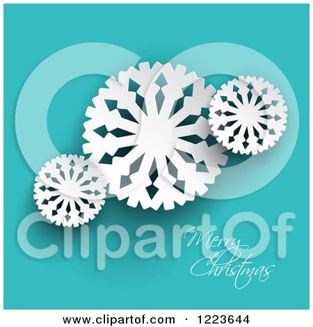Clipart of a Merry Christmas Greeting with Paper Snowflakes on Turquoise - Royalty Free Vector Illustration by KJ Pargeter