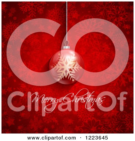 Clipart of a Merry Christmas Greeting Under a Red Bauble on Snowflakes - Royalty Free Vector Illustration by KJ Pargeter