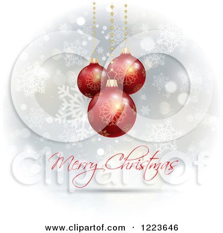 Clipart of a Merry Christmas Greeting Under Red Baubles on Snowflakes - Royalty Free Vector Illustration by KJ Pargeter
