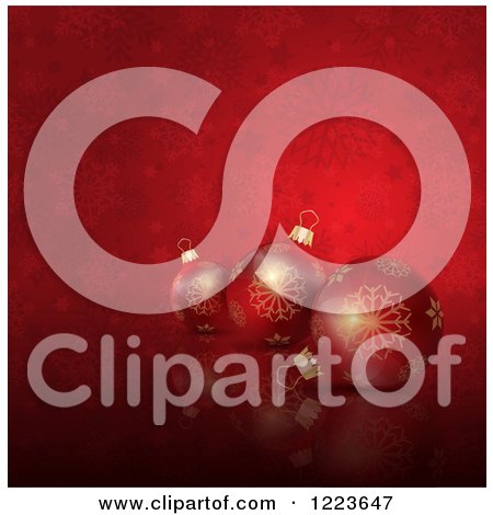 Clipart of 3d Christmas Baubles over Red Snowflakes and Stars - Royalty Free Vector Illustration by KJ Pargeter