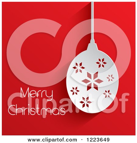 Clipart of a Merry Christmas Greeting with a Paper Snowflake Bauble on Red - Royalty Free Vector Illustration by KJ Pargeter