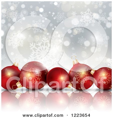 Clipart of 3d Red Christmas Baubles over Snowflakes and Stars - Royalty Free Vector Illustration by KJ Pargeter