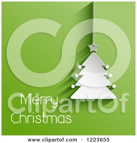 Clipart of a Merry Christmas Greeting with a White Suspended Tree on Green - Royalty Free Vector Illustration by KJ Pargeter