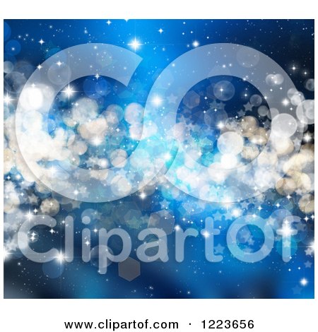 Clipart of a Blue Christmas Background of Stars Flares Bokeh and Sparkles - Royalty Free Illustration by KJ Pargeter