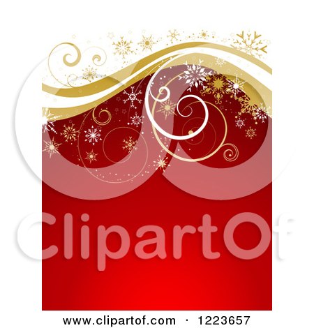 Clipart of a Red and White Christmas Background with Golden Curly Waves and Snowflakes - Royalty Free Vector Illustration by KJ Pargeter