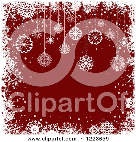 Clipart of a Dark Red Background with Suspended Christmas Snowflake Ornaments - Royalty Free Vector Illustration by KJ Pargeter