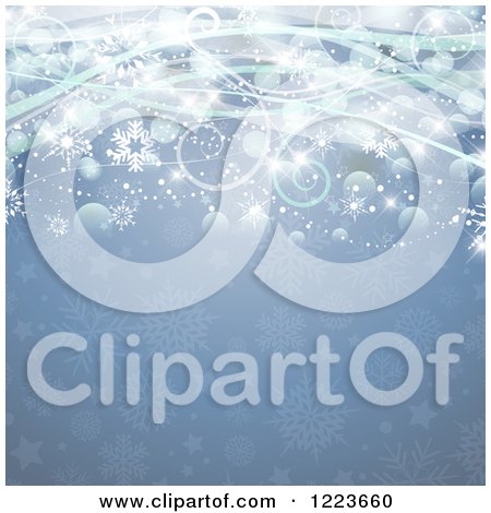 Clipart of a Blue Christmas Background with Bokeh Stars and Snowflakes - Royalty Free Vector Illustration by KJ Pargeter