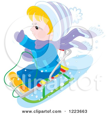 Clipart of a Blond Boy Sledding in the Snow - Royalty Free Vector Illustration by Alex Bannykh