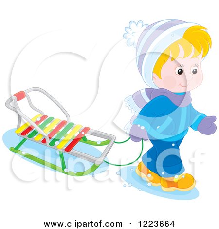 Clipart of a Blond Boy Pulling a Sled in the Snow - Royalty Free Vector Illustration by Alex Bannykh