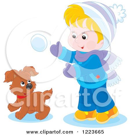 Clipart of a Blond Boy and Puppy Playing in the Snow - Royalty Free Vector Illustration by Alex Bannykh