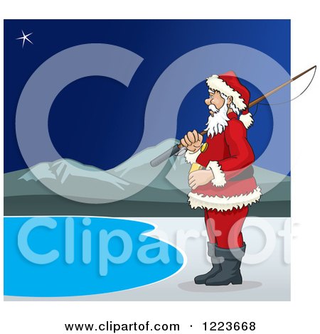 Clipart of Santa Standing with a Fishing Pole at a Lake - Royalty Free Vector Illustration by David Rey