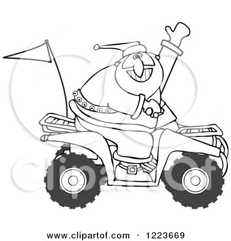 Clipart of an Outlined Santa Waving and Driving an Atv Mud Bug - Royalty Free Vector Illustration by djart