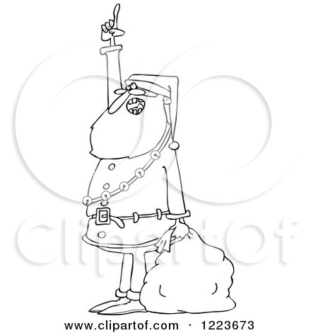 Clipart of an Outlined Santa Holding a Sack, Talking and Pointing up - Royalty Free Vector Illustration by djart