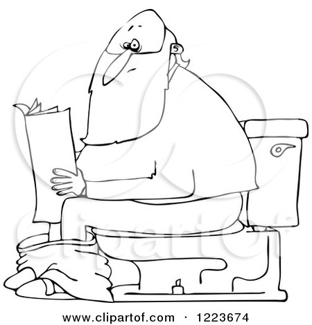 Clipart of an Outlined Santa Reading the Newspaper on a Toilet - Royalty Free Vector Illustration by djart