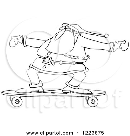 Clipart of an Outlined Santa Skateboarding on a Longboard - Royalty Free Vector Illustration by djart