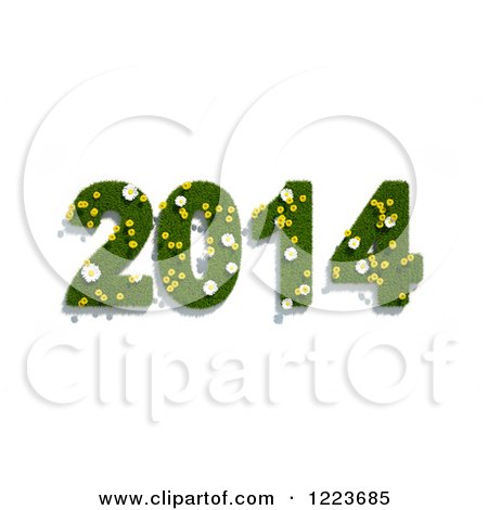 Clipart of a 3d Daisy and Grass New Year 2014 with a Shadow, on White - Royalty Free Illustration by chrisroll