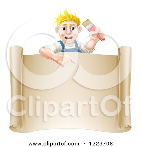 Clipart of a Happy Blond Male House Painter Holding a Brush and Pointing over a Scroll Sign - Royalty Free Vector Illustration by AtStockIllustration