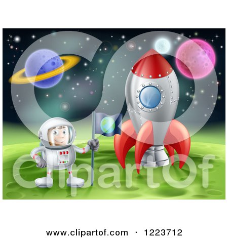 Clipart of an Astronaut Planting an Earth Flag on a Foreign Planet in Outer Space - Royalty Free Vector Illustration by AtStockIllustration