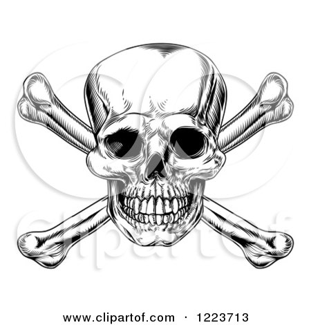 Clipart of a Black and White Jolly Roger Skull and Crossbones - Royalty Free Vector Illustration by AtStockIllustration
