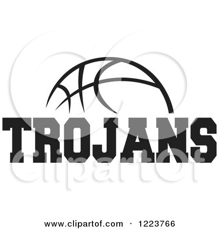 Clipart of a Black and White Basketball with TROJANS Text - Royalty Free Vector Illustration by Johnny Sajem