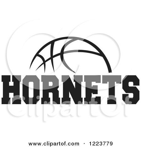 Clipart of a Black and White Basketball with HORNETS Text - Royalty Free Vector Illustration by Johnny Sajem