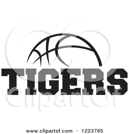 Clipart of a Black and White Basketball with TIGERS Text - Royalty Free Vector Illustration by Johnny Sajem
