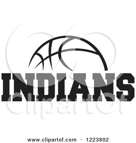 Clipart of a Black and White Basketball with INDIANS Text - Royalty Free Vector Illustration by Johnny Sajem