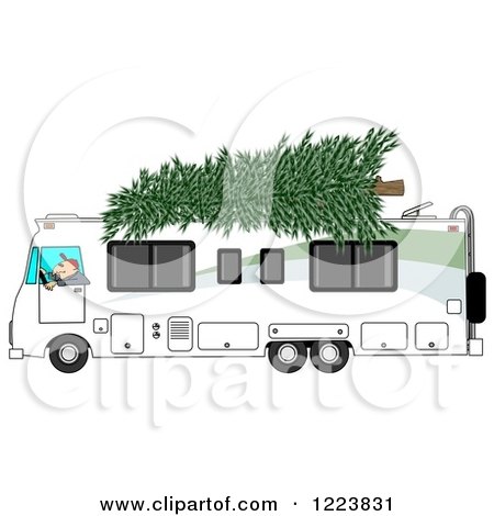 Clipart of a Man Driving a Class a Motorhome with a Christmas Tree on Top - Royalty Free Illustration by djart