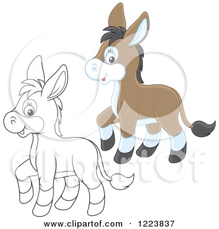 Clipart of Outlined and Colored Cute Baby Donkeys - Royalty Free Vector Illustration by Alex Bannykh