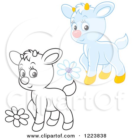Clipart of Outlined and Colored Cute Baby Goats with Flowers - Royalty Free Vector Illustration by Alex Bannykh