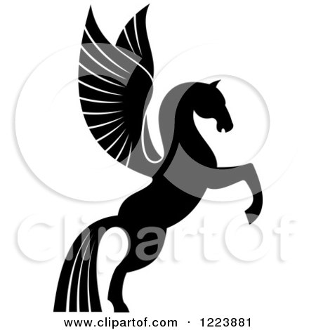 Clipart of a Black and White Winged Horse Pegasus Rearing - Royalty Free Vector Illustration by Vector Tradition SM