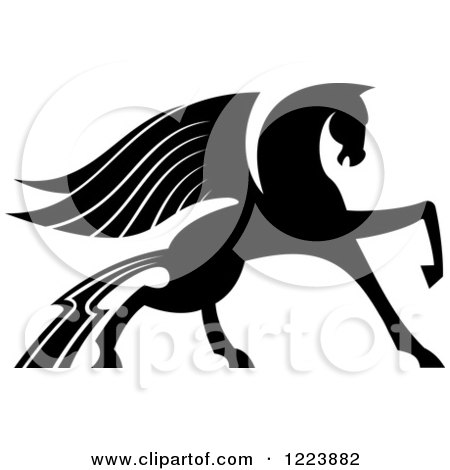 Clipart of a Black and White Winged Horse Pegasus Prancing - Royalty Free Vector Illustration by Vector Tradition SM