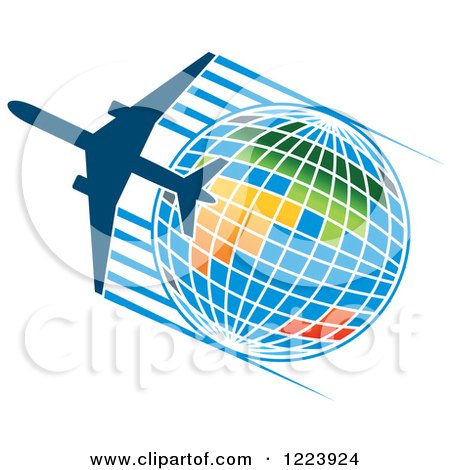 Clipart of a White Airplane Flying over a Colorful Pixel Globe - Royalty Free Vector Illustration by Vector Tradition SM