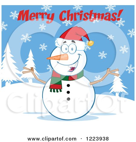 Clipart of a Merry Christmas Greeting over a Cheerful Snowman on a Snowy Hill - Royalty Free Vector Illustration by Hit Toon