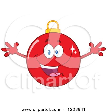 Clipart of a Cheering Red Christmas Bauble Ornament - Royalty Free Vector Illustration by Hit Toon