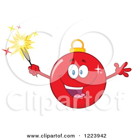 Clipart of an Excited Red Christmas Bauble Ornament with a Sparkler - Royalty Free Vector Illustration by Hit Toon