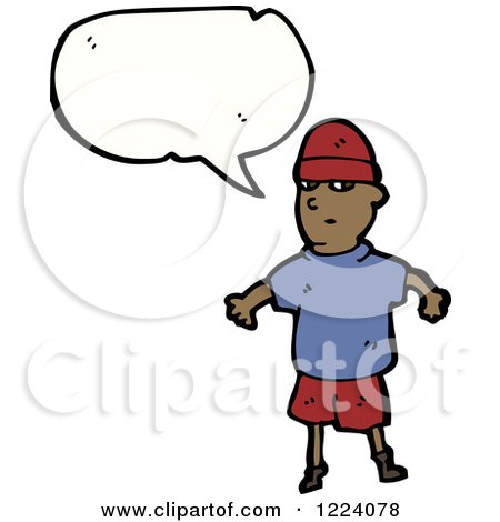 Clipart of Black Boy Wearing Beanie, Tshirt, and Shorts Beside a Blank Thought Cloud - Royalty Free Vector Illustration by lineartestpilot