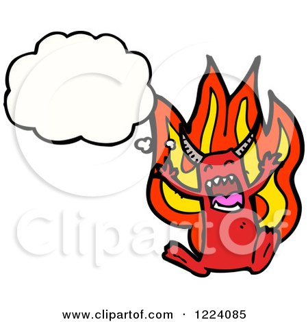 Cartoon of a Thinking Devil with Flames - Royalty Free Vector Illustration by lineartestpilot