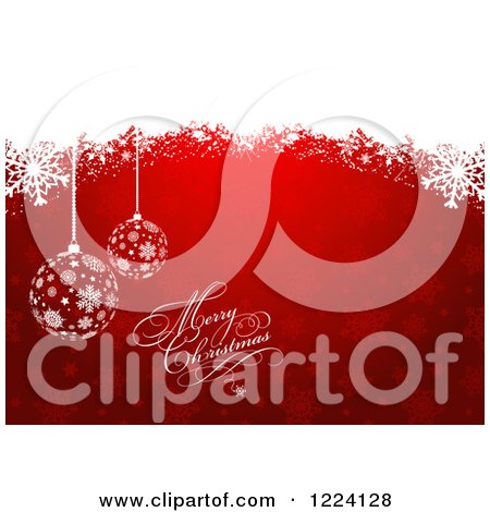 Clipart of a Merry Christmas Greeting with Baubles and Snowflakes on Red - Royalty Free Vector Illustration by KJ Pargeter