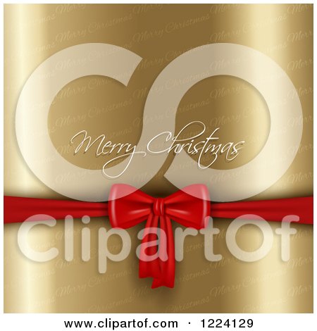 Clipart of a Merry Christmas Greting and Red Bow over Gold - Royalty Free Vector Illustration by KJ Pargeter