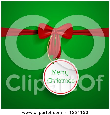 Clipart of a Merry Christmas Gift Tag and Red Bow over Green - Royalty Free Vector Illustration by KJ Pargeter