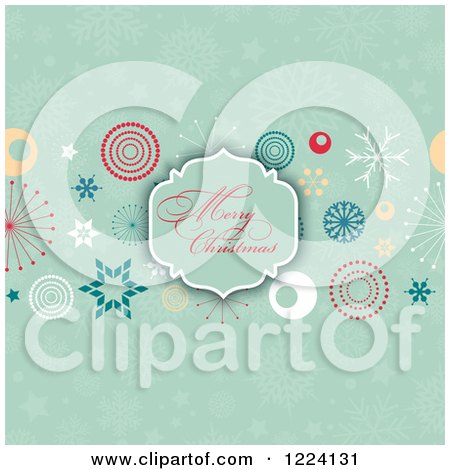 Clipart of a Merry Christmas Greeting Frame over Retro Designs and Greens Snowflakes - Royalty Free Vector Illustration by KJ Pargeter