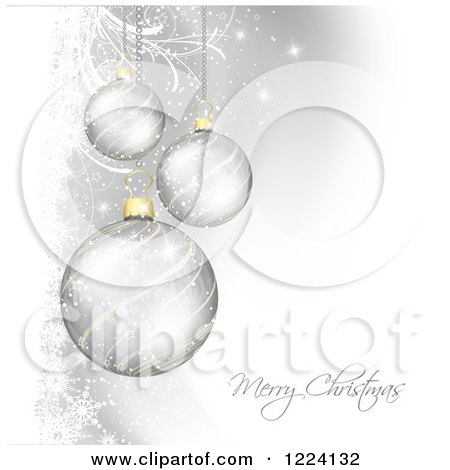 Clipart of a Merry Christmas Greeting Under a Silver Baubles Sparkles and Foliage - Royalty Free Vector Illustration by KJ Pargeter