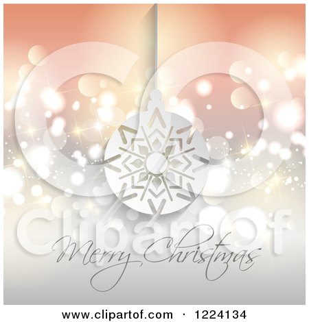 Clipart of a Merry Christmas Greeting Under a Snowflake Bauble over Bokeh - Royalty Free Vector Illustration by KJ Pargeter