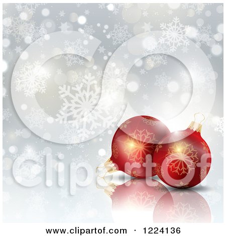 Clipart of 3d Red Christmas Baubles over Bokeh and Snowflakes - Royalty Free Vector Illustration by KJ Pargeter
