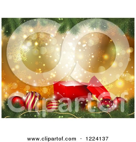Clipart of a 3d Magic Gift Box with Christmas Baubles over Gold Bokeh and Snowflakes - Royalty Free Vector Illustration by KJ Pargeter