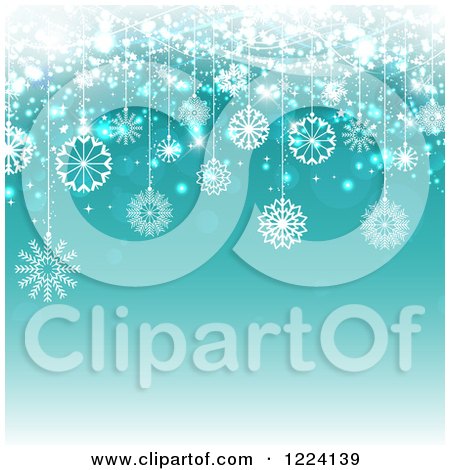 Clipart of a Turquoise Christmas Background of Haning Snowflakes and Bokeh - Royalty Free Vector Illustration by KJ Pargeter